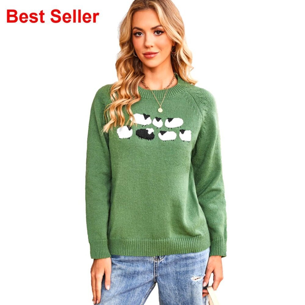 Vintage Crew Neck Pullover Sweater with Lamb Motif, 100% Polyester